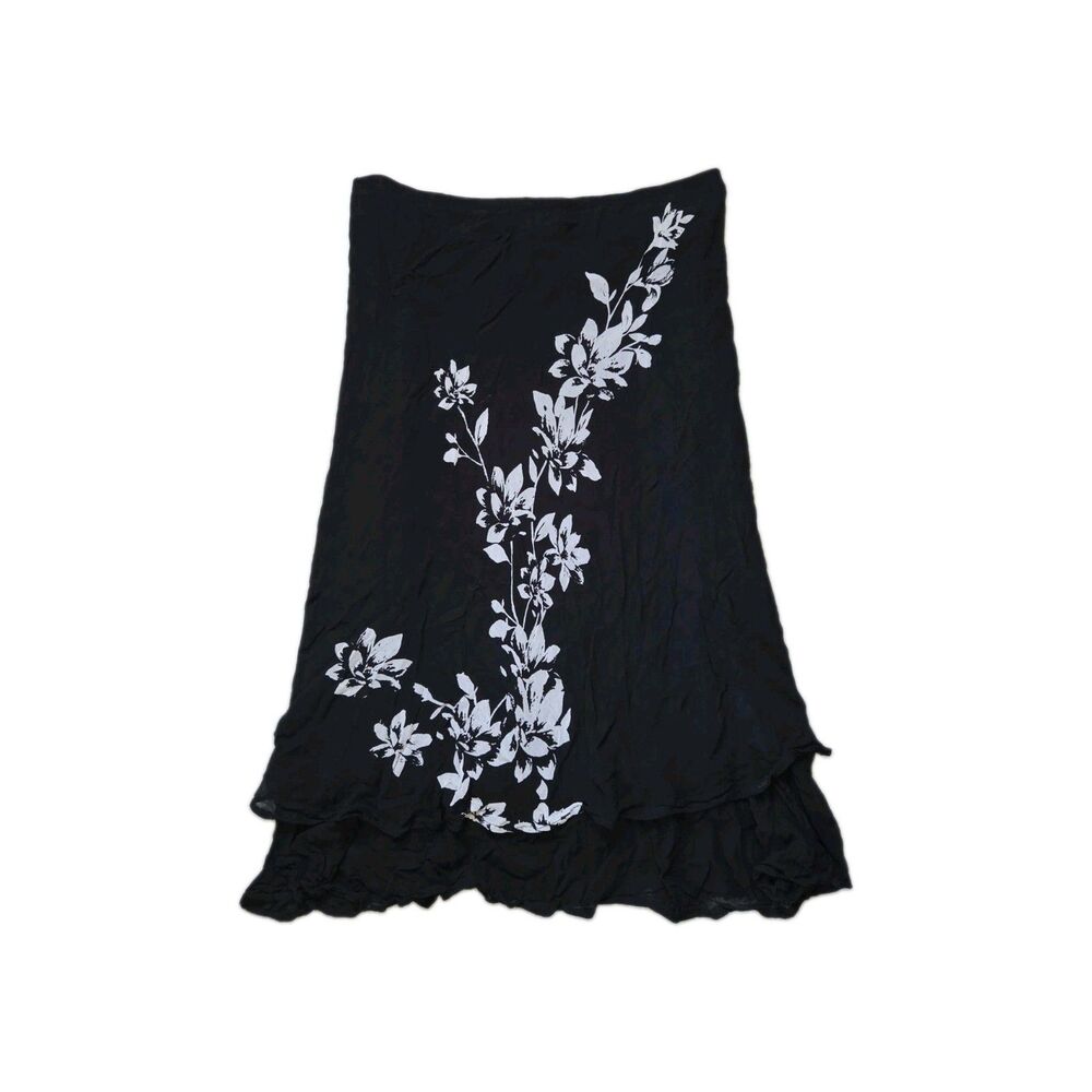 VTG Style & Co Black White Floral Layered Midi Skirt 100% Rayon Size 8 EUC Y2K